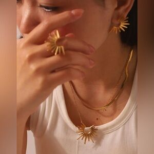 Gold Sunburst Earrings Necklace Ring Set Celestial Starburst Boho Jewelry NEW